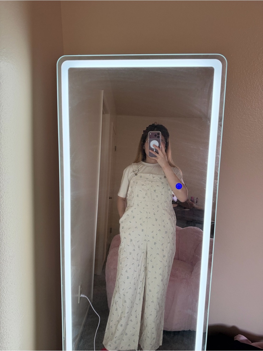 Cream Floral Wide-Leg Overalls